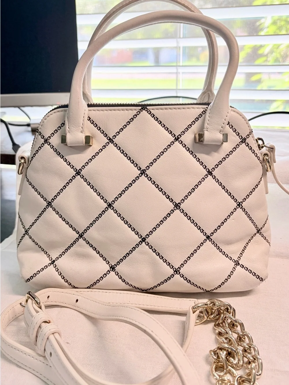 kate spade Cream Quilted Diamond-Pattern Satchel/Crossbody with Gold Hardware